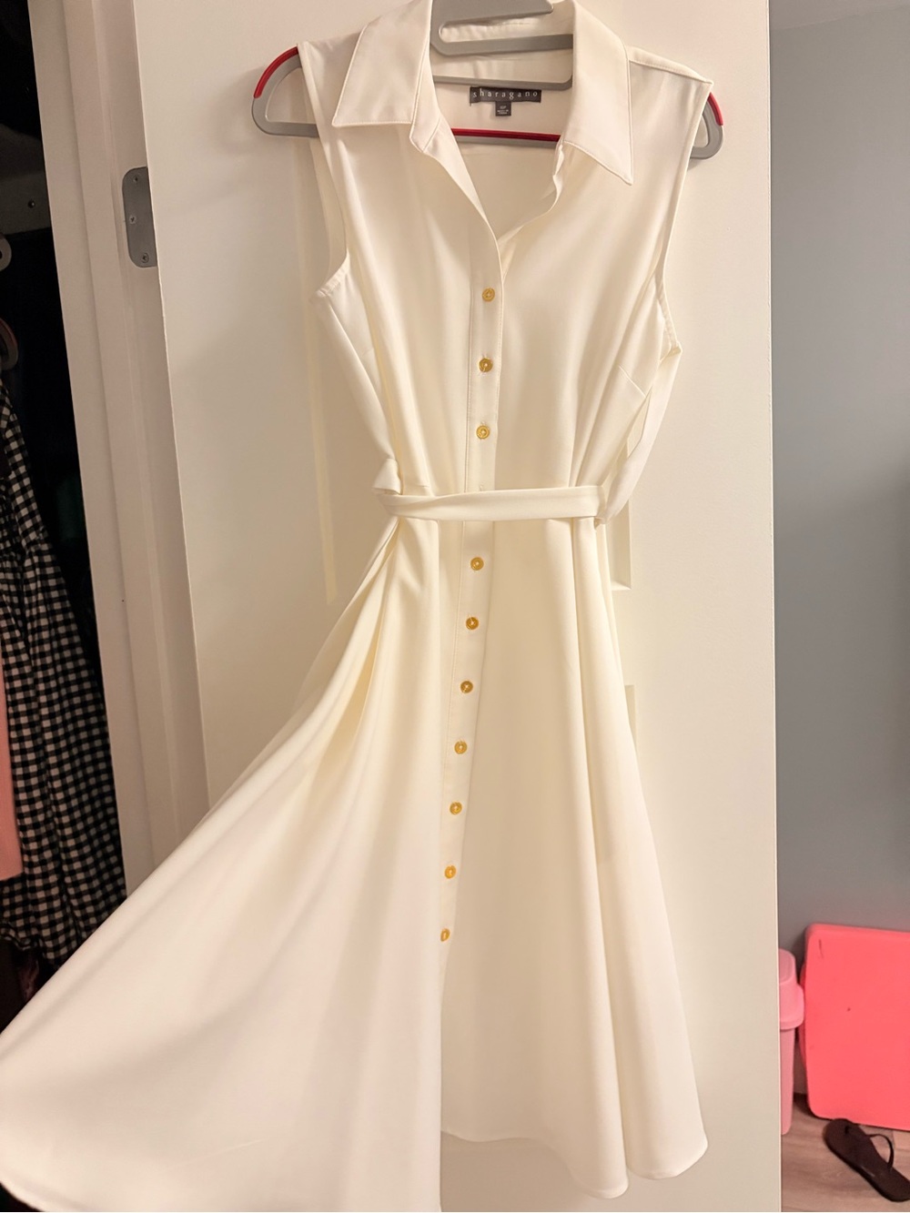 Sharagano Cream Sleeveless Shirt Dress with Belt